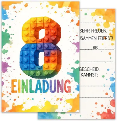 Produktbild von Einladungskarten im Bauklotz-Design – Einladungen für Kindergeburtstage – Für Mädchen und Jungen – 12 Umschläge