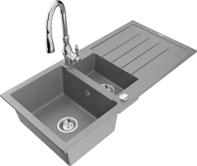 Produktbild von Mexen Andres 1,5-Becken-Granitspüle mit Abtropffläche und Mischbatterie Savita, Grau - 6515-71-672601-00