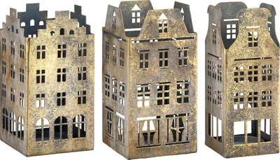 Image de Gilde Teelichtleuchter, Haus, "Häuserreihe", Hausmotiv, Metall, goldfarben, L. 9 cm, B. 9 cm, H. 18 cm 69850 4063387698501 3 Stück (3-fach sortiert)