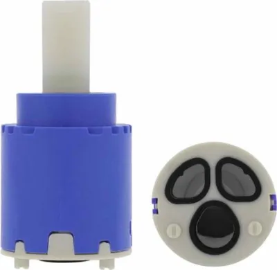 A faucet cartridge and its top view are shown against a white background.