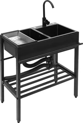 A black freestanding kitchen sink with a faucet and a draining board, shown from a three-quarter angle against a white background.