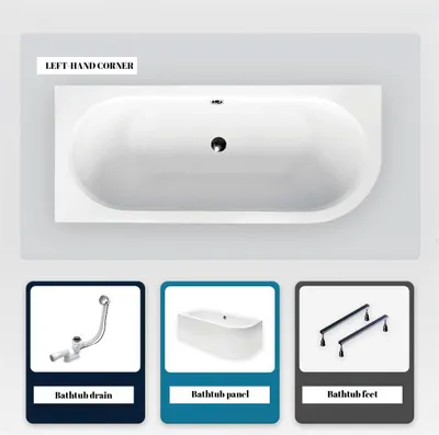 Produktbild von Asymmetrische Badewanne - 160 x 75 cm - Rechts - mit weißer Verkleidung - mit Füßen - Ablaufgarnitur Chrom - AVITA