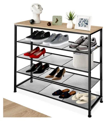 Produktbild von Schuhregal schmal mit Ablagefläche, Schuhbank 5 Ebenen, 4 Gitterablagen, platzsparend 100 x 30,5 x 93 cm, Flur Regal, Schuhschrank, Garderobe (Industrial Holz hell, Eiche Sonoma)