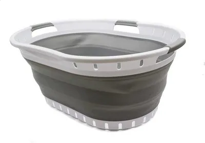 Produktbild von Unyqoos® Faltbarer Kunststoff-Wäschekorb – Pop-Up Aufbewahrungscontainer & Organizer, tragbar als Waschwanne, platzsparend, 1 Stück, Weiß/Grau