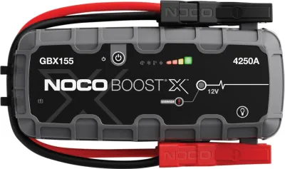 A Noco Boost X GBX155 4250A jump starter is shown from a top-down diagonal angle.