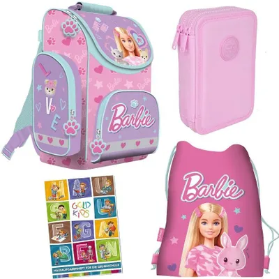 Produktbild von Schulranzen für Mädchen, 4er-Set - Schul-Rucksack für Kinder mit Federmäppchen - Schuhbeutel und Hausaufgabenheft - Barbie Motiv