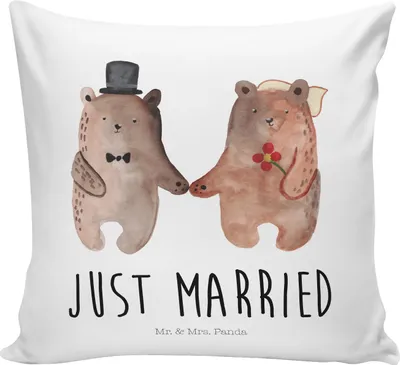 Produktbild von Mr. & Mrs. Panda zier kissen Bär Heirat - Weiß - Geschenk, Teddy, Dekokissen, Couchkissen, Kuschelkissen, 40x40, couch