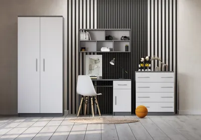 Produktbild von Kinderzimmer-Set 4-teilig Schrank Wandregal Kommode Schreibtisch Grau/Weiß mit Alufarbene Griffe OMEGA I 02