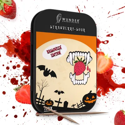 Produktbild von Wunder Zahnstocher Halloween Edition – 100 Stück in Metallbox – Erdbeer-Sauer Geschmack – Limited Edition für Halloween-Partys