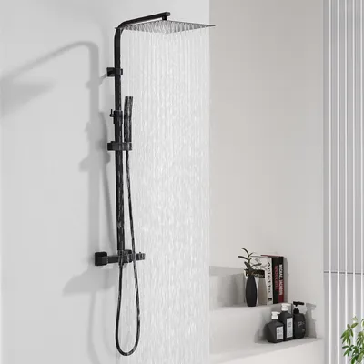 Produktbild von Schwarz Duschsystem mit Thermostat Homelody ,Edelstahl Duscharmatur mit Armatur,30*30CM Großer Regendusche Duschkopf , Höhenverstellbar 730-1153MM