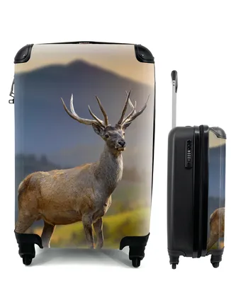 Produktbild von MuchoWow® Koffer Handgepäck Trolley Rollkoffer Kleine Reisekoffer mit 4 Rollen - Hirsche - Berg - Gras - Sonnenuntergang - Tiere - Natur - Cabin Size < 55x40x23 cm & 55x40x20 cm - Fotokoffer - Kabinenkoffer - Boardgepäck - Reise-Box - Reisekoffer - Reisegepäck - Koffer mit Bild - Trolley für Kinder