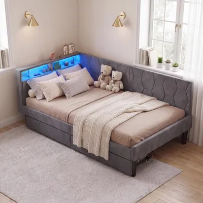 Imagen del producto de Sofá cama INONEFT de 90x200 cm, sofá cama individual, cama juvenil con puertos LED, USB y tipo-C, con 2 cajones, espacio de almacenamiento en el cabecero, somier de láminas, tapizado en terciopelo, color gris