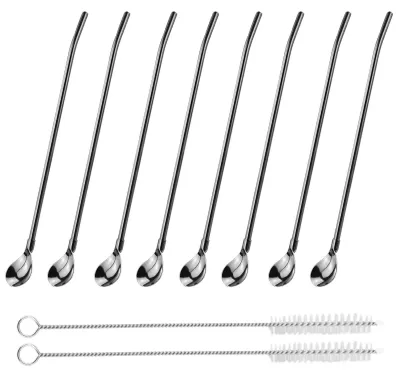 Edelstahl-Trinkhalme mit Löffel, 10 Stück + 2 Bürsten, 22 cm