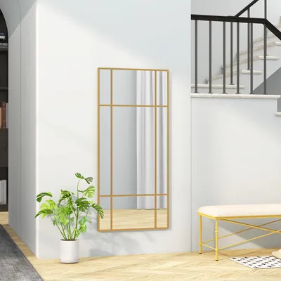 Produktbild von Wandspiegel Gold Gitterdesign, Flurspiegel Metallrahmen, dekorativer Spiegel Mehrschichtglas, Gold | 110 x 50 cm | 9 Felder | 7,15 kg