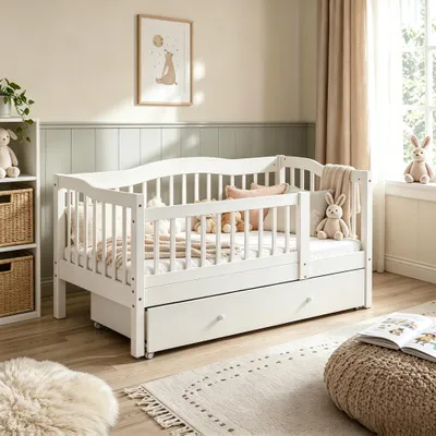Image de Lit pour enfant FCH avec tiroirs, dimensions 80x160 cm, lit-cabane avec sommier à lattes, lit à châssis avec espace de rangement et barrière amovible, couleur blanche