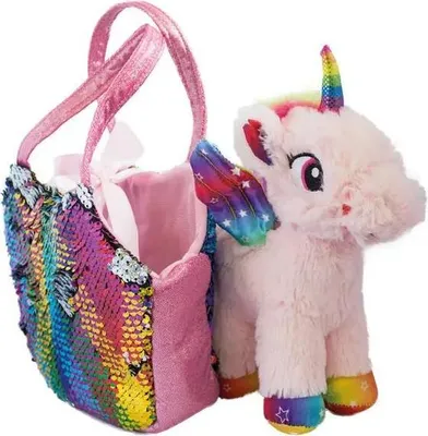 A plush unicorn toy and a sequined bag are displayed against a white background.