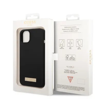 Produktbild von Guess Kappe für iPhone 14 6.1" GUHMP14SSBPLK schwarzes Hartschalengehäuse Silikon Logo Platte MagSafe