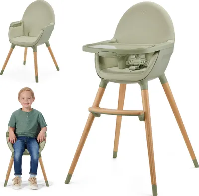 A collage of a baby high chair and a child sitting in a similar chair.
