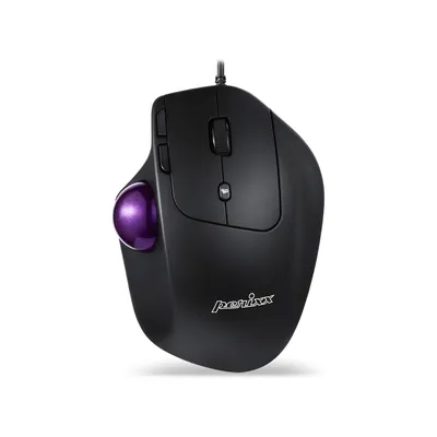 A black trackball mouse with a purple ball is shown against a white background.
