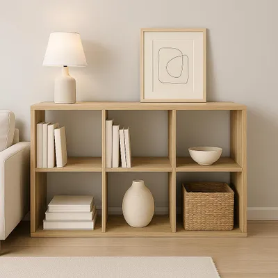 A wooden cube shelf unit with books, a vase, a bowl, and a basket.