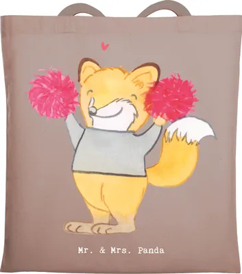 Produktbild von Mr. & Mrs. Panda Tote Bag Fuchs Cheerleader - Braun Pastell - Geschenk, Shopping Tasche, Baumwollbeutel, Turn Club, Cheerleading, Einkaufstasche, Uni, Turnen, Turniere