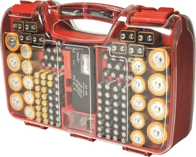 A battery organizer case filled with various types of batteries.
