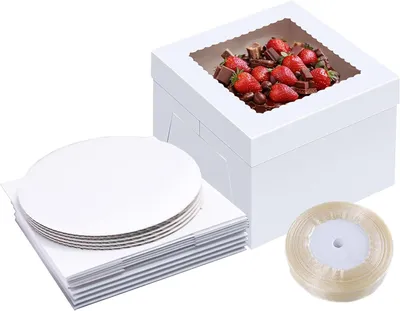 Produktbild von Tortenkartons 30x30x20 cm, 5 Stück, für Tortenverpackung, weiße Schachteln mit Sichtfenster und Klebeband