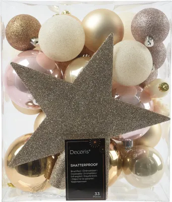 Produktbild von Weihnachtskugeln Kunststoff mit Christbaumstern 33er Set - Beige / Rosa Mix