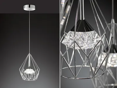 A pendant light with a diamond-shaped crystal shade and a wireframe cage, shown against a dark background.