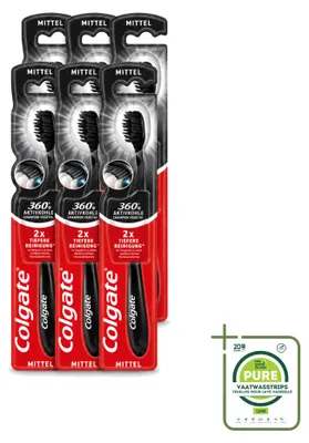 Imagen del producto de 6 cepillos de dientes Colgate 360 Black Charcoal, tamaño medio, color , pack grande de 6 unidades