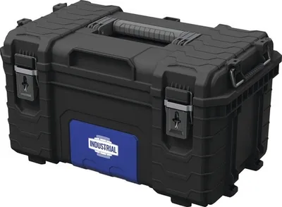 A black tool box with a blue accent panel and the word "INDUSTRIAL" on it.