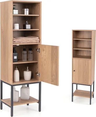 Produktbild von KOMFOTTEU Badezimmerschrank mit Türschrank, Hochschrank 6 Ebenen mit verstellbare Platte, Aufbewahrungsschrank Küchenschrank für Toilette Küche, 38 x 30 x 145 cm (Natur)