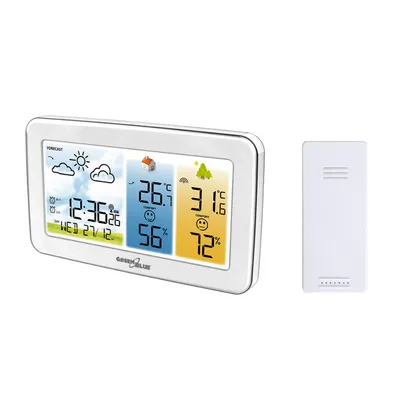 Productafbeelding van Funkweerstation: Temperatuur en luchtvochtigheid binnen/buiten, klok/wekker/datum. Temperatuurweergave in °C / °F. Bereik tot 60 meter. Model: GB442 W, merk: GreenBlue