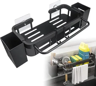 Produktbild von Unyqoos® Spülbecken-Organizer (hängend) – Edelstahl Schwammhalter mit 2 Klebestreifen, Wandregal mit Stangenhaltern, Handtuchhalter & Haken, schwarz