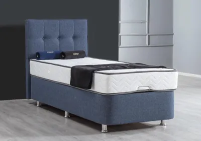 Produktbild von Bett Blau Einzelbett Metall Modern Betten Luxus Stoff Bett Chesterfield Neu