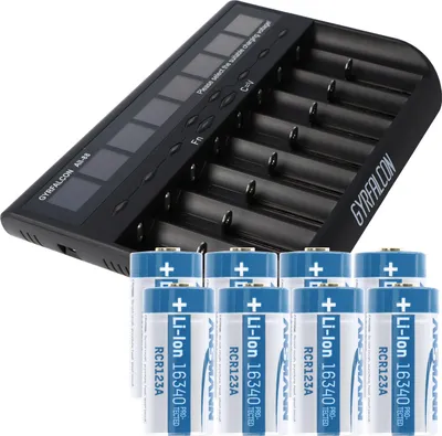 Produktbild von 8fach Schnell-Ladegerät und 8 Stück CR123 A Li-Ion Akku mit 3,6V, 3,7 Volt, 850mAh