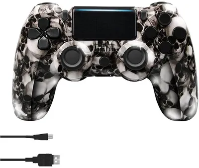 A product image of a game controller with a skull pattern.