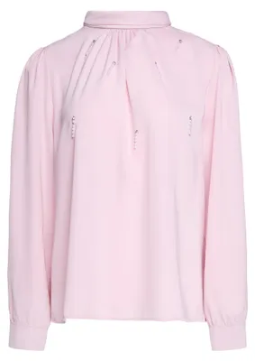 Produktbild von Damen Bluse S rosa mit dekorativen Perlen- und Strassdetails, klassischer Stehkragen