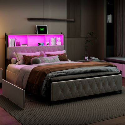 Fortuna Lai čalouněná postel s USB typu C a lamelovým roštem, manželská postel 180x200cm úložný prostor se 4 zásuvkami, postel z masivu funkční postel s led, postel pro mladé sametová manželská postel, béžová barva