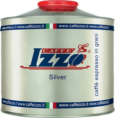 A silver tin of coffee beans with the brand name 'IZZO' prominently displayed.
