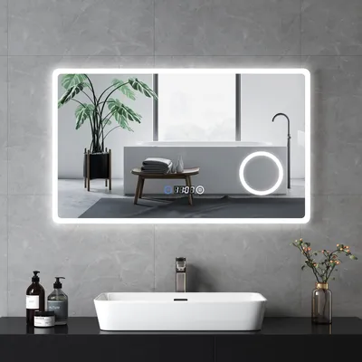 Produktbild von EMKE Badezimmerspiegel LED Badspiegel Wandspiegel 100x60cm mit Touch-Schalter Vergrößerung Schminkspiegel 3 Lichtfarben und Uhr