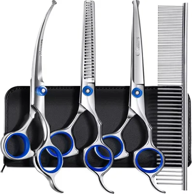 Produktbild von Edelstahl Titanbeschichtetes Heavy Duty Haustierpflege Scheren Set - Dünner Gerade Gebogene Scheren Mit Kämmen - Trimmset Für Lang- und Kurzhaar - Hunde und Katzen