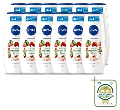 Imagen del producto de 12 unidades de gel de ducha NIVEA Winter Moment, aroma a cacao, 250 ml. Pack ahorro