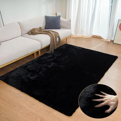 Obrázok produktu pre Koberček do obývačky, umelý kožúšok, čierna farba, možné prať, 120x180 cm, podložka pod posteľ