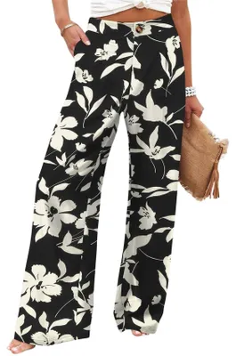 Produktbild von ASKSA Damen Weite Bein Hose Hohe Taille Leichte Sommerhose Palazzo Baggy Casual Freizeithose mit Taschen Gebluemt XXL