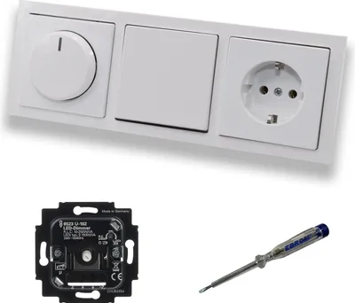 Produktbild von Busch Jäger 6523U-102 LED Drehdimmer Dimmer + Scheibe 6540-84-102 + Kreuzschalter 2000/7US + Steckdose mit Kinderschutz 20EUCKS-84 Future Linear Studioweiß + EBROM Phasenprüfer zur Montage der Geräte