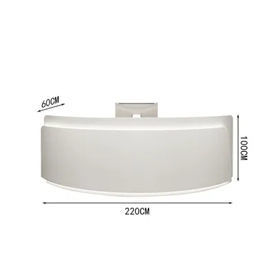 A white reception desk with dimensions indicated by text overlays.
