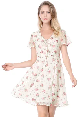 Imagen del producto de Vestido de verano para mujer Allegra K, con escote en V, estampado floral, corte mini, manga corta y volantes
