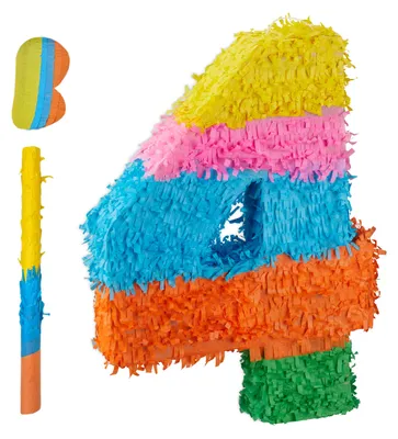 Produktbild von Relaxdays Pinata Zahl 4, Regenbogenpinata Geburtstag, HBT: 50,5 x 35,5 x 7,5 cm, Partypinata Kinder, zum Befüllen, bunt