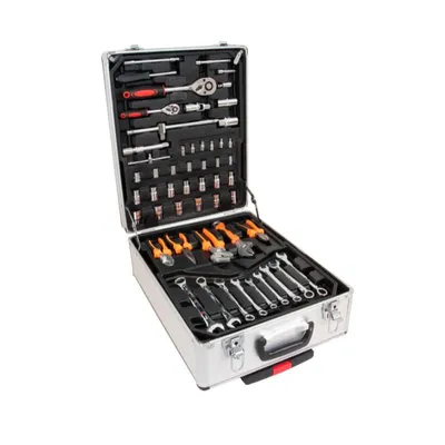 An open tool case filled with various tools, laid out neatly.